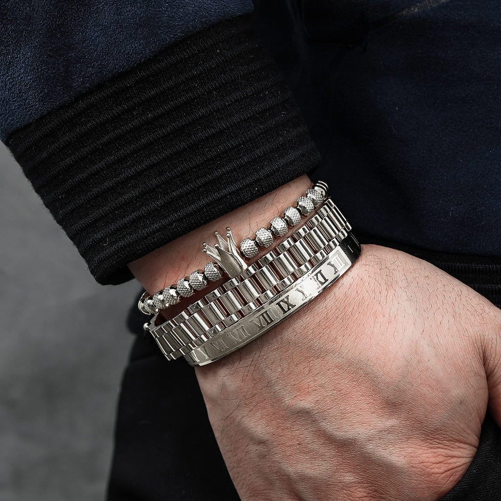 WFYOU 3PCS Stainless Steel Bracelets for Men Gold Roman Numeral Bangle Bracelet Twisted Cable Bracelet Adjustable Cuff Bracelet Mens Luxury Jewelry Bracelets Gifts