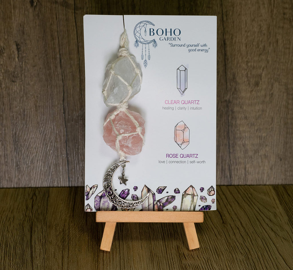 BOHO GARDEN Crystal Hanging Car Charm - Purple Rear View Mirror Hanging Car Accessories for Women, Moon Decor Hanging Ornament, Witchy Gifts and Healing Stones - Rose Quartz & Amethyst