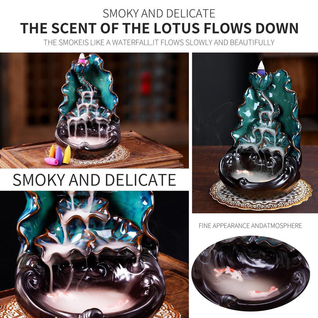Mountain Waterfall Incense Burner，Backfall Incense Holder River, Incense Falls Meditation Decor for Room with Upgrade Incense Cones and Accessories (5in1 Palo Santo)