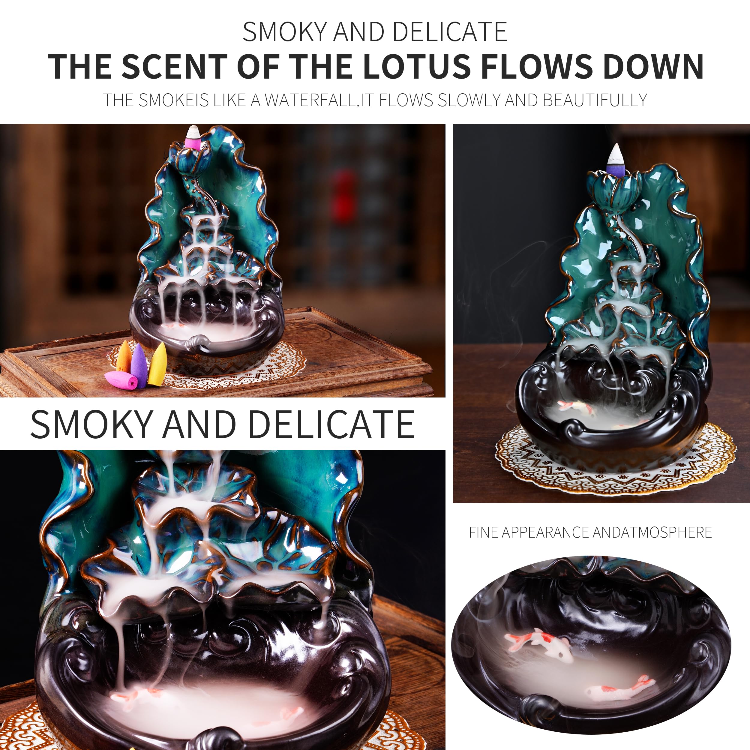 Mountain Waterfall Incense Burner，Backfall Incense Holder River, Incense Falls Meditation Decor for Room with Upgrade Incense Cones and Accessories (5in1 Palo Santo)