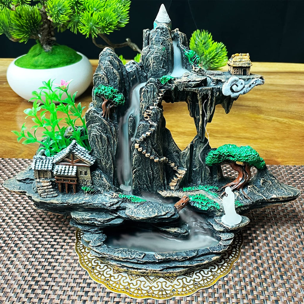 Mountain Waterfall Incense Burner，Backfall Incense Holder River, Incense Falls Meditation Decor for Room with Upgrade Incense Cones and Accessories (5in1 Palo Santo)