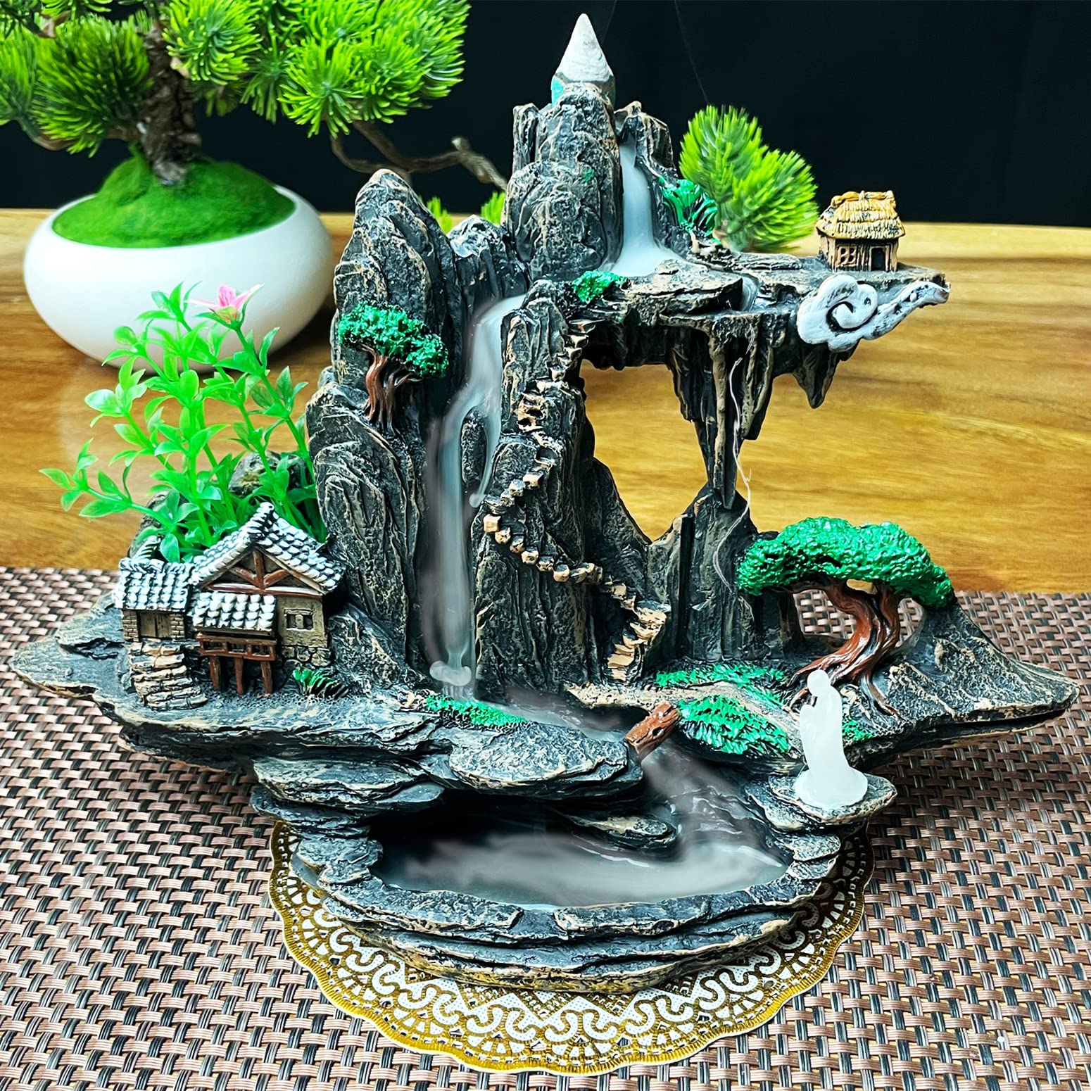Mountain Waterfall Incense Burner，Backfall Incense Holder River, Incense Falls Meditation Decor for Room with Upgrade Incense Cones and Accessories (5in1 Palo Santo)