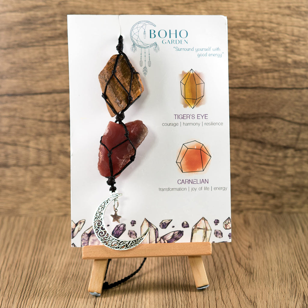 BOHO GARDEN Crystal Hanging Car Charm - Purple Rear View Mirror Hanging Car Accessories for Women, Moon Decor Hanging Ornament, Witchy Gifts and Healing Stones - Rose Quartz & Amethyst