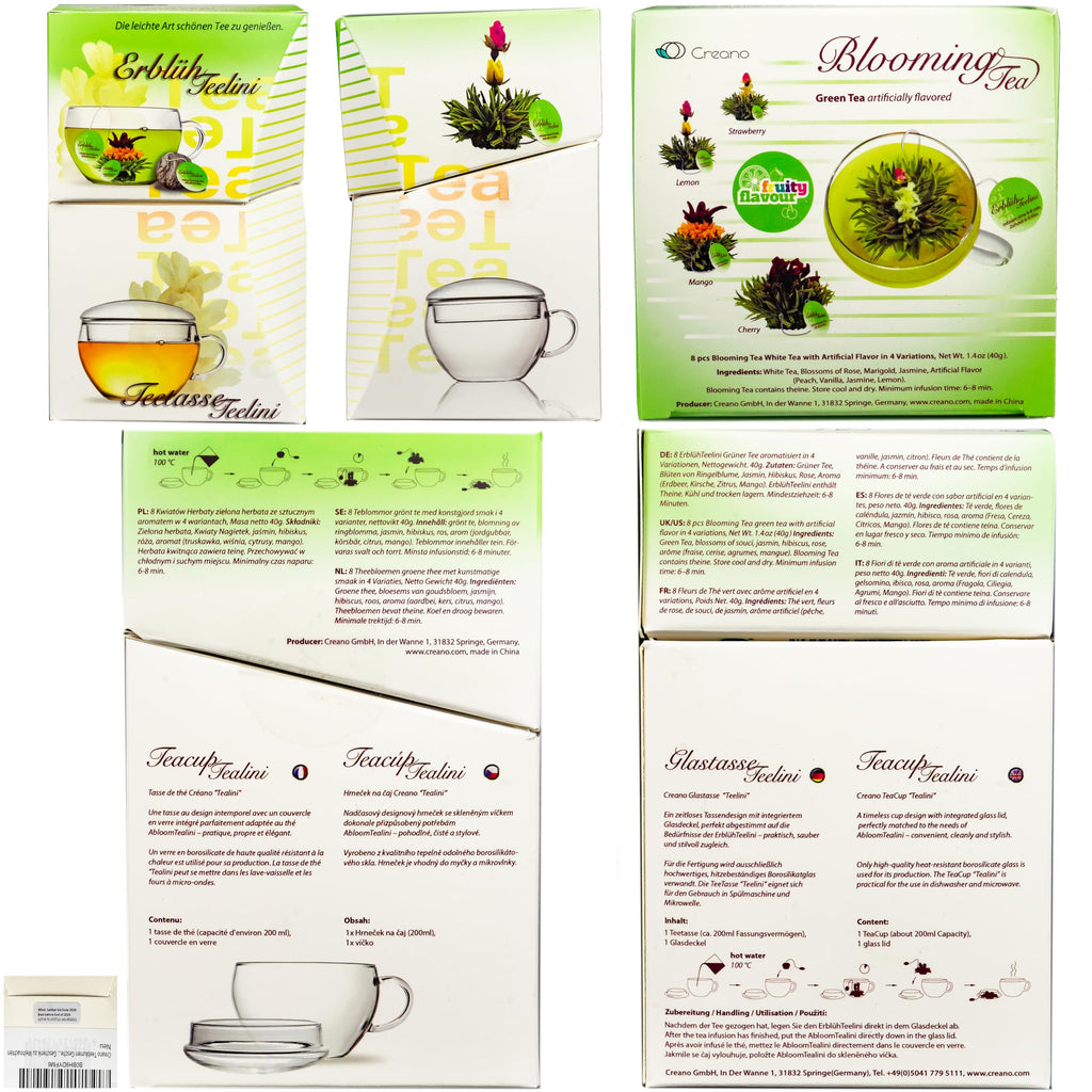 Creano Blooming Tea Gift Set with Glass Teapot 17oz (500ml) - Green Tea Fruity Flavoured Tea Flowers in 6 Varieties - Flowering Tea Gift for Easter