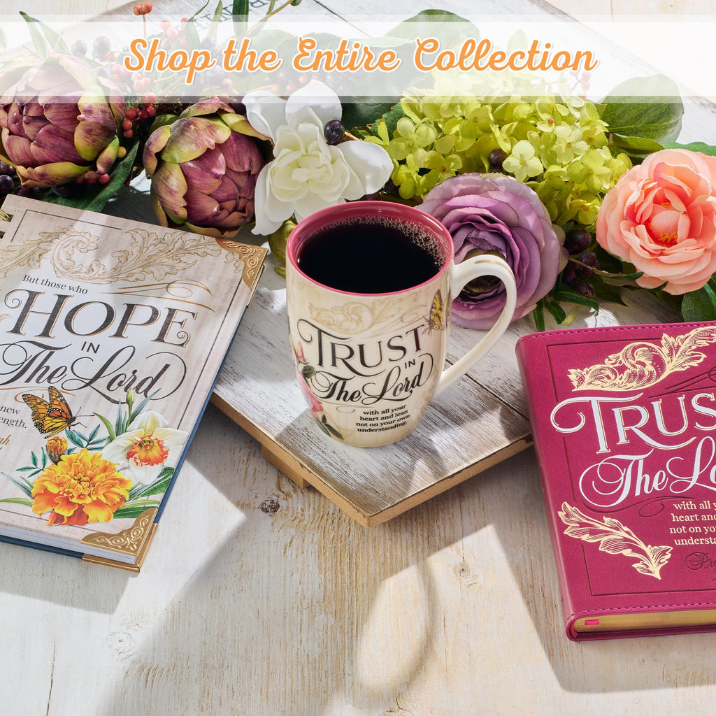 Christian Art Gifts Pink Rose Floral & Yellow Butterfly Ceramic Coffee Mug – 12 oz. Lead-free Inspirational Scripture Coffee and Tea Mug for Women with Bible Verse: Trust in the Lord - Proverbs 3:5