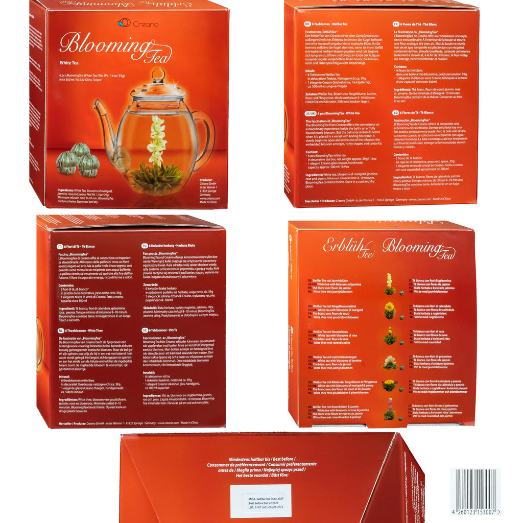 Creano Blooming Tea Gift Set with Glass Teapot 17oz (500ml) - Green Tea Fruity Flavoured Tea Flowers in 6 Varieties - Flowering Tea Gift for Easter