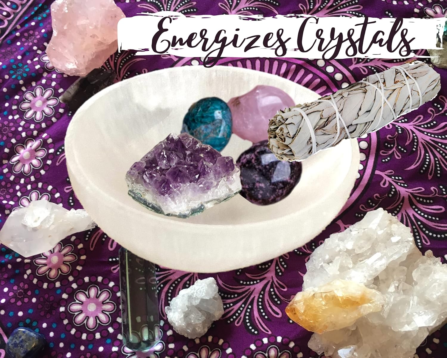 Selenite Charging Bowl & Amethyst Crystal Bracelet Gift Set - Polished Thickly Hand-Carved, Moroccan Crystal Holder to Charge, Cleanse Crystals, Smudging Bowl, Spiritual Gifts Set (Amethyst)
