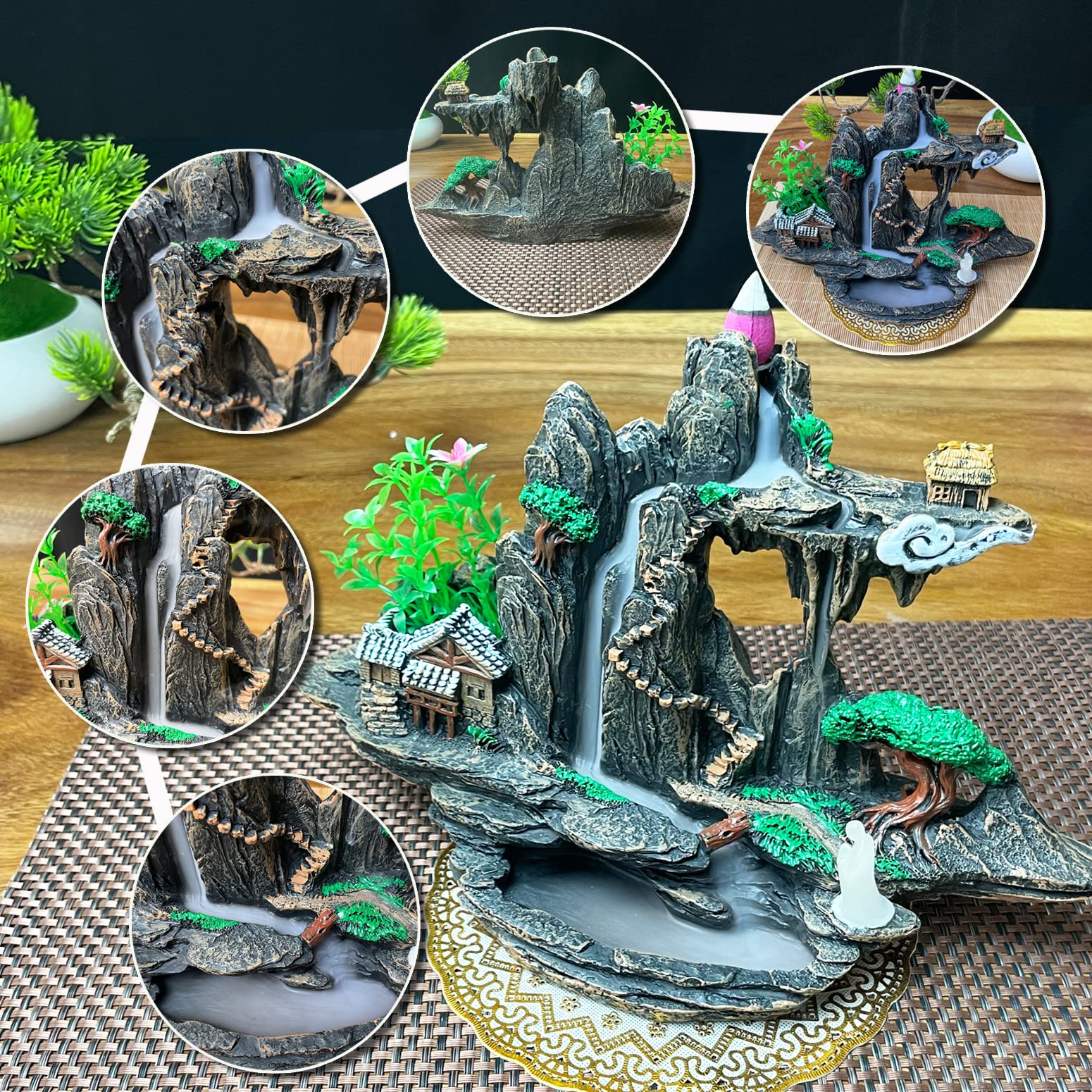 Mountain Waterfall Incense Burner，Backfall Incense Holder River, Incense Falls Meditation Decor for Room with Upgrade Incense Cones and Accessories (5in1 Palo Santo)