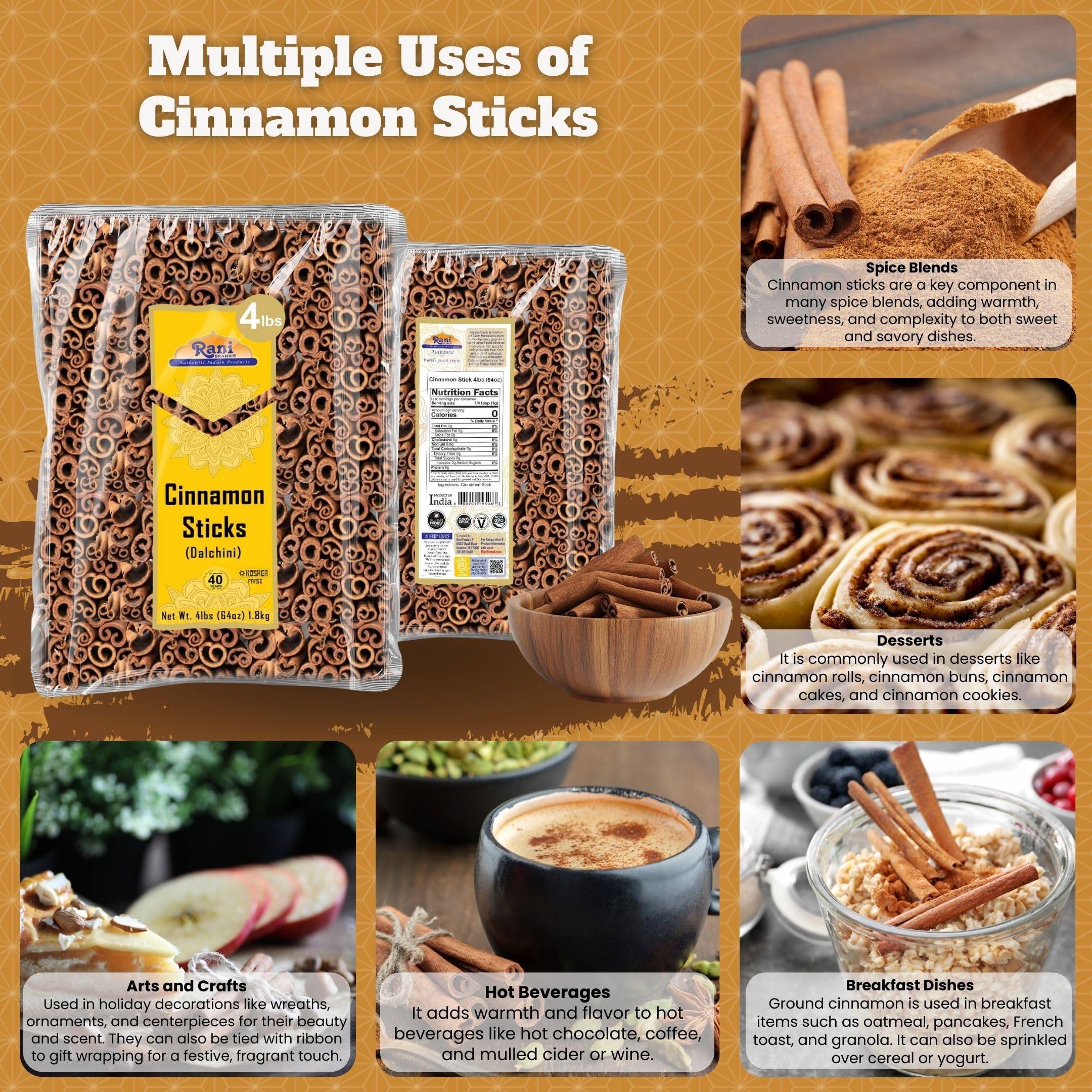 Rani Cinnamon Sticks 7oz (200g) - 36-44 Sticks - Strong Aroma, Perfect for Baking, Cooking & Beverages | 3+ Inches Length - Cassia Saigon Cinnamon from Vietnam | Kosher