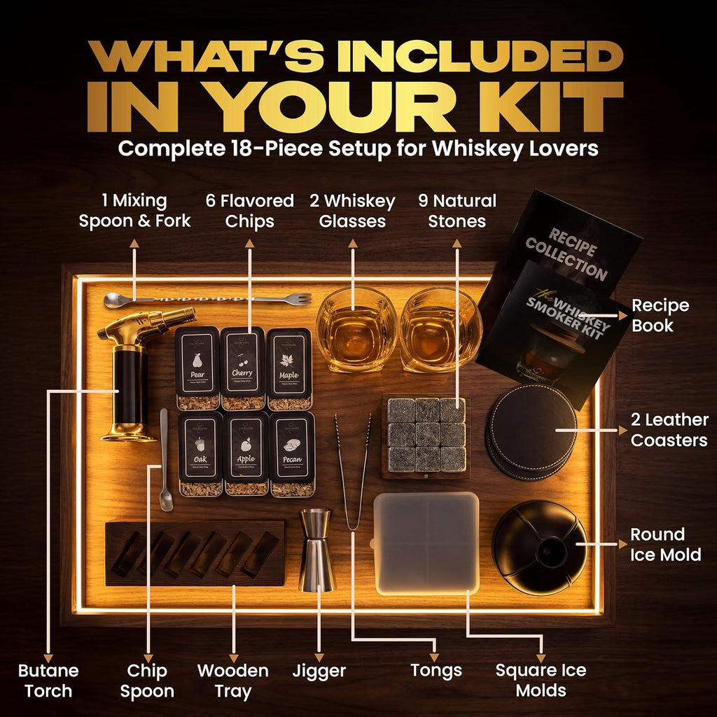 Premium Whiskey Smoker Kit – Wooden Gift Box with Torch, Smoker Lid, Square Glasses, Leather Coasters, 6 Wood Chips with Tray, Whiskey Stones, Ice Molds, Mixing Tools & Instructions