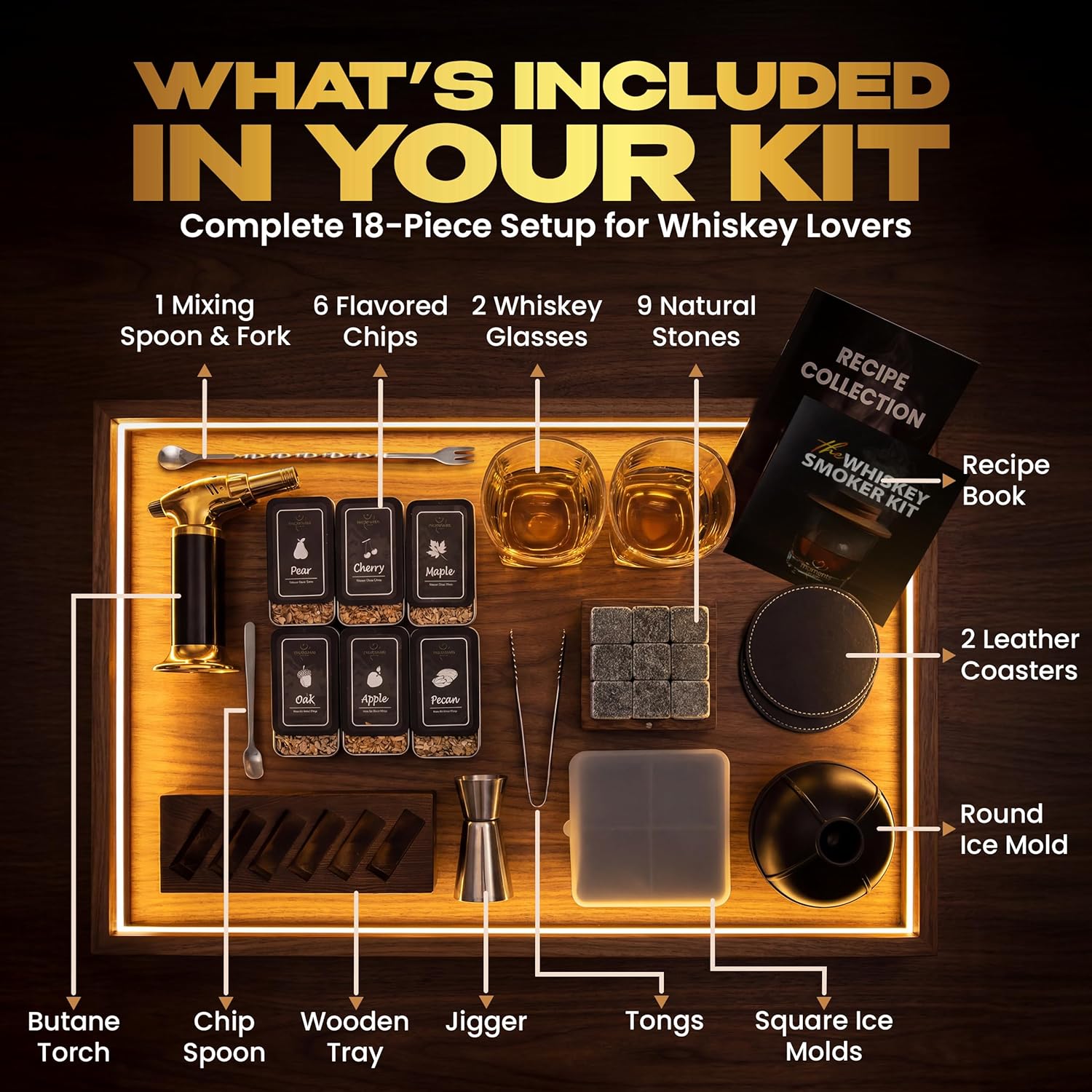 Premium Whiskey Smoker Kit – Wooden Gift Box with Torch, Smoker Lid, Square Glasses, Leather Coasters, 6 Wood Chips with Tray, Whiskey Stones, Ice Molds, Mixing Tools & Instructions