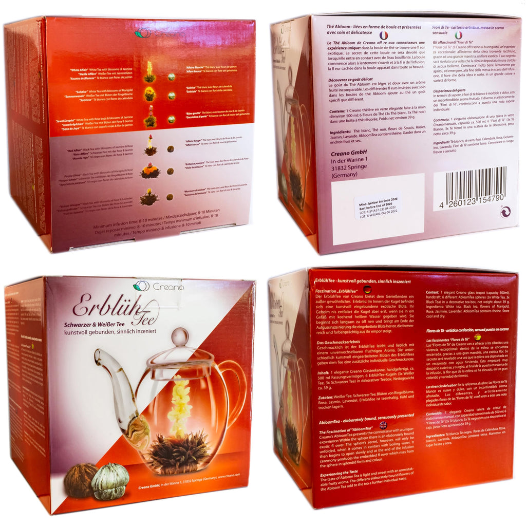 Creano Blooming Tea Gift Set with Glass Teapot 17oz (500ml) - Green Tea Fruity Flavoured Tea Flowers in 6 Varieties - Flowering Tea Gift for Easter