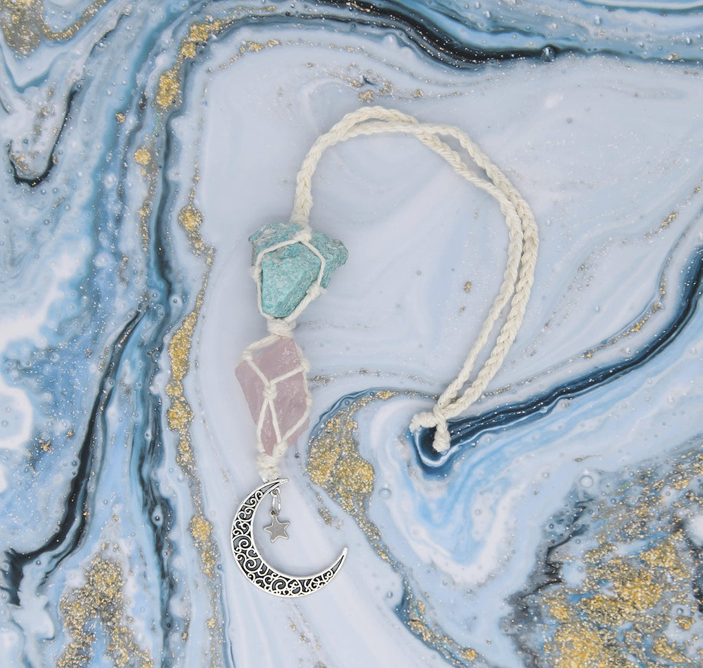 BOHO GARDEN Crystal Hanging Car Charm - Purple Rear View Mirror Hanging Car Accessories for Women, Moon Decor Hanging Ornament, Witchy Gifts and Healing Stones - Rose Quartz & Amethyst