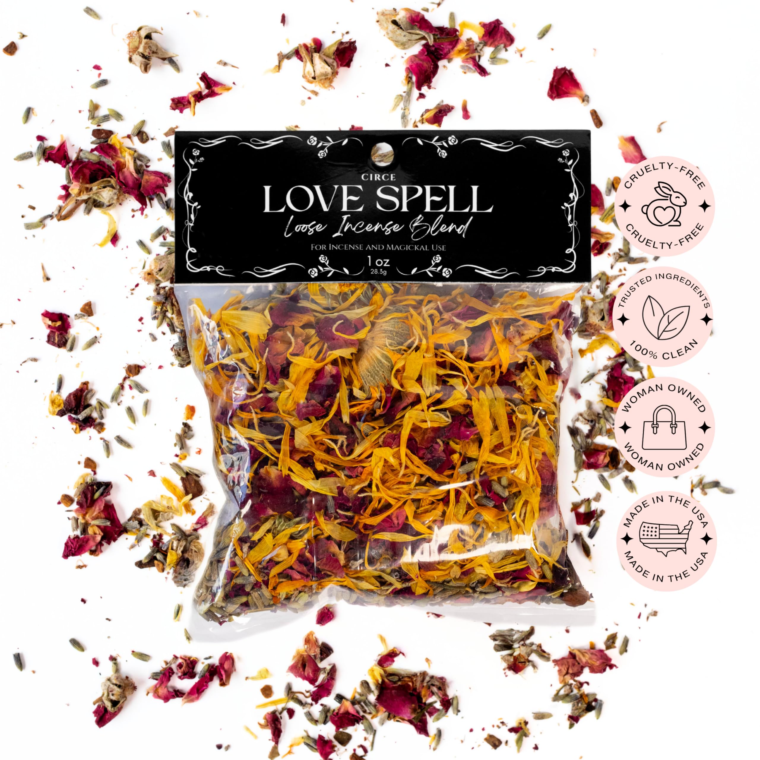 CIRCE Loose Herb Incense Love Spell Aromatic Blend - for Ritual Practices, Amulet Bags, Candle Magic or Loose Incense -Attract New Love or Enhance Existing Flame - Rose Petals & Lavender - 1oz
