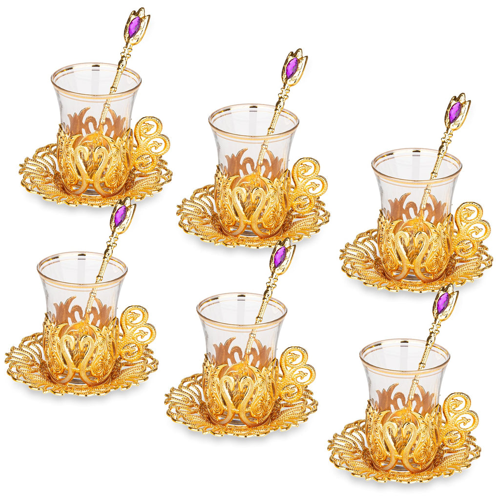 Alisveristime (SET OF 6 Handmade Turkish Tea Water Zamzam Serving Set Glasses Saucer and Spoon (Ottoman) (Gold)