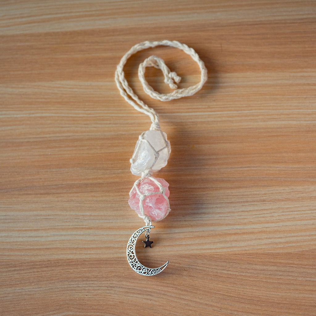BOHO GARDEN Crystal Hanging Car Charm - Purple Rear View Mirror Hanging Car Accessories for Women, Moon Decor Hanging Ornament, Witchy Gifts and Healing Stones - Rose Quartz & Amethyst