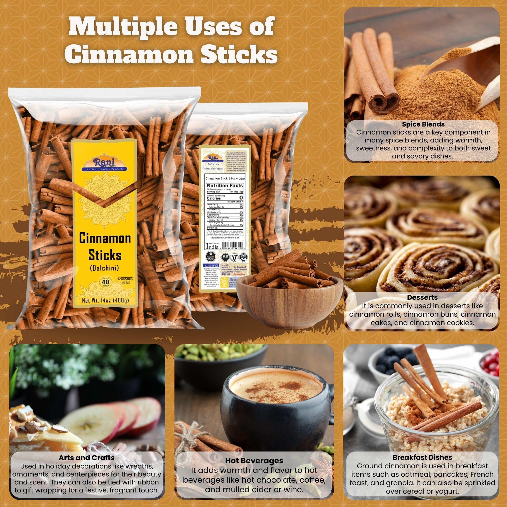 Rani Cinnamon Sticks 7oz (200g) - 36-44 Sticks - Strong Aroma, Perfect for Baking, Cooking & Beverages | 3+ Inches Length - Cassia Saigon Cinnamon from Vietnam | Kosher