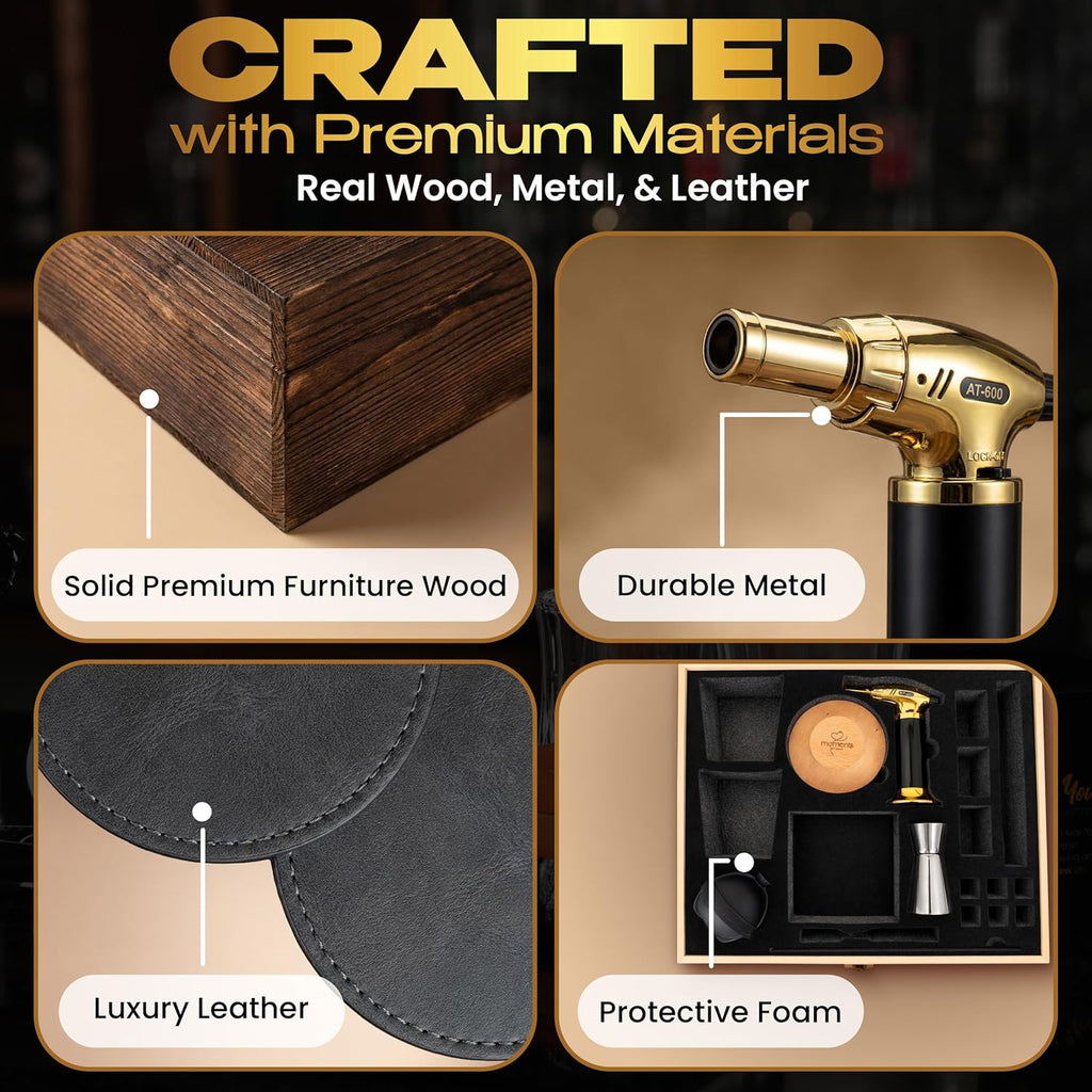 Premium Whiskey Smoker Kit – Wooden Gift Box with Torch, Smoker Lid, Square Glasses, Leather Coasters, 6 Wood Chips with Tray, Whiskey Stones, Ice Molds, Mixing Tools & Instructions