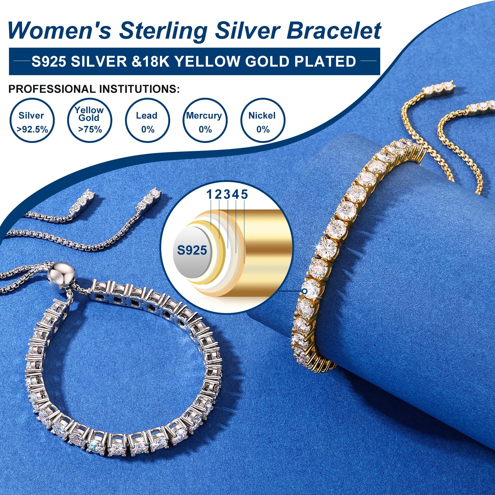 Moissanite Tennis Bracelet 1.79ct-8.69ct Adjustable Bracelet for Women 18K White Gold Plated S925 Sterling Silver Tennis Bracelet D Color VVS1 Round Cut 2/3/4mm Moissanite Bracelet Gifts for Wife/Mom