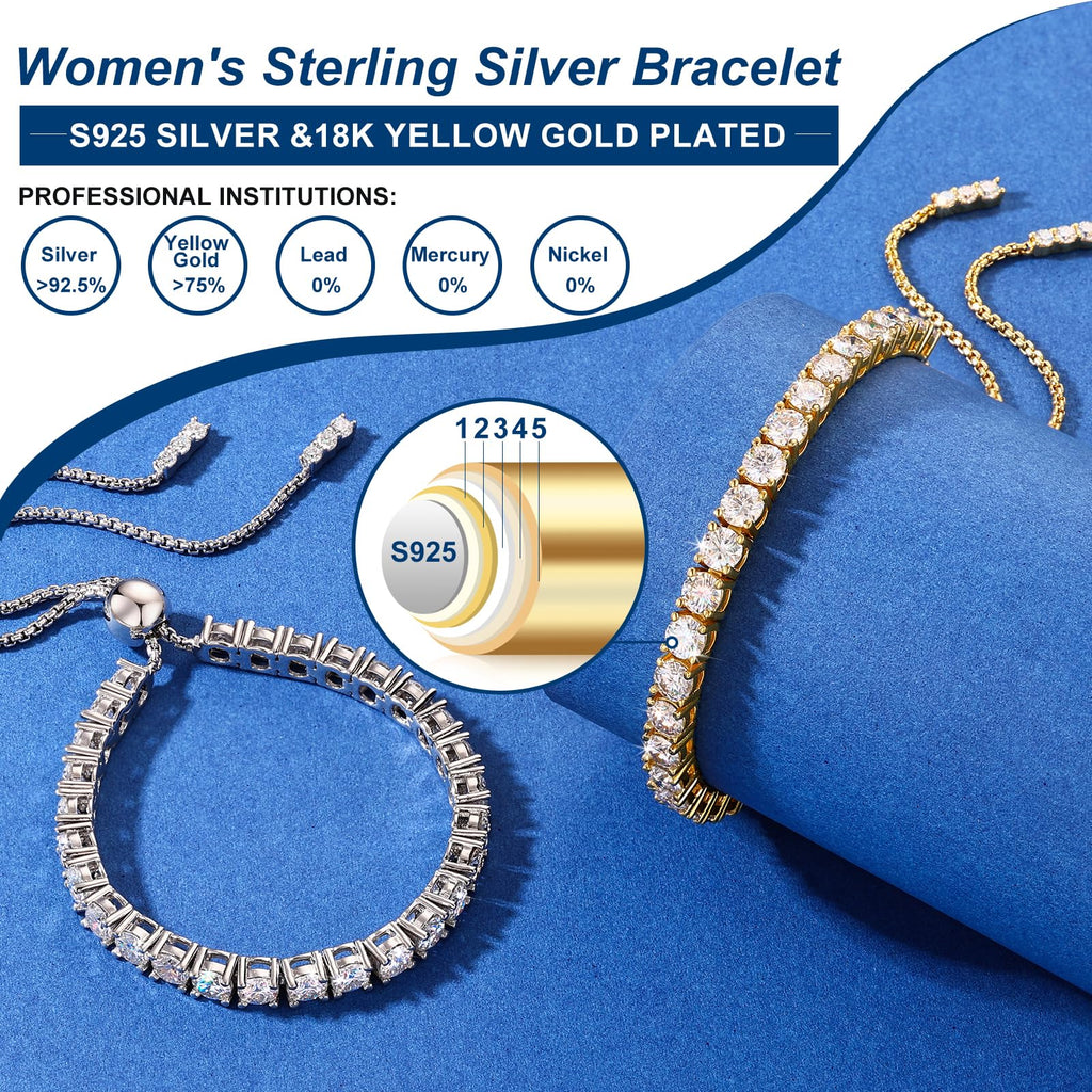 Moissanite Tennis Bracelet 1.79ct-8.69ct Adjustable Bracelet for Women 18K White Gold Plated S925 Sterling Silver Tennis Bracelet D Color VVS1 Round Cut 2/3/4mm Moissanite Bracelet Gifts for Wife/Mom