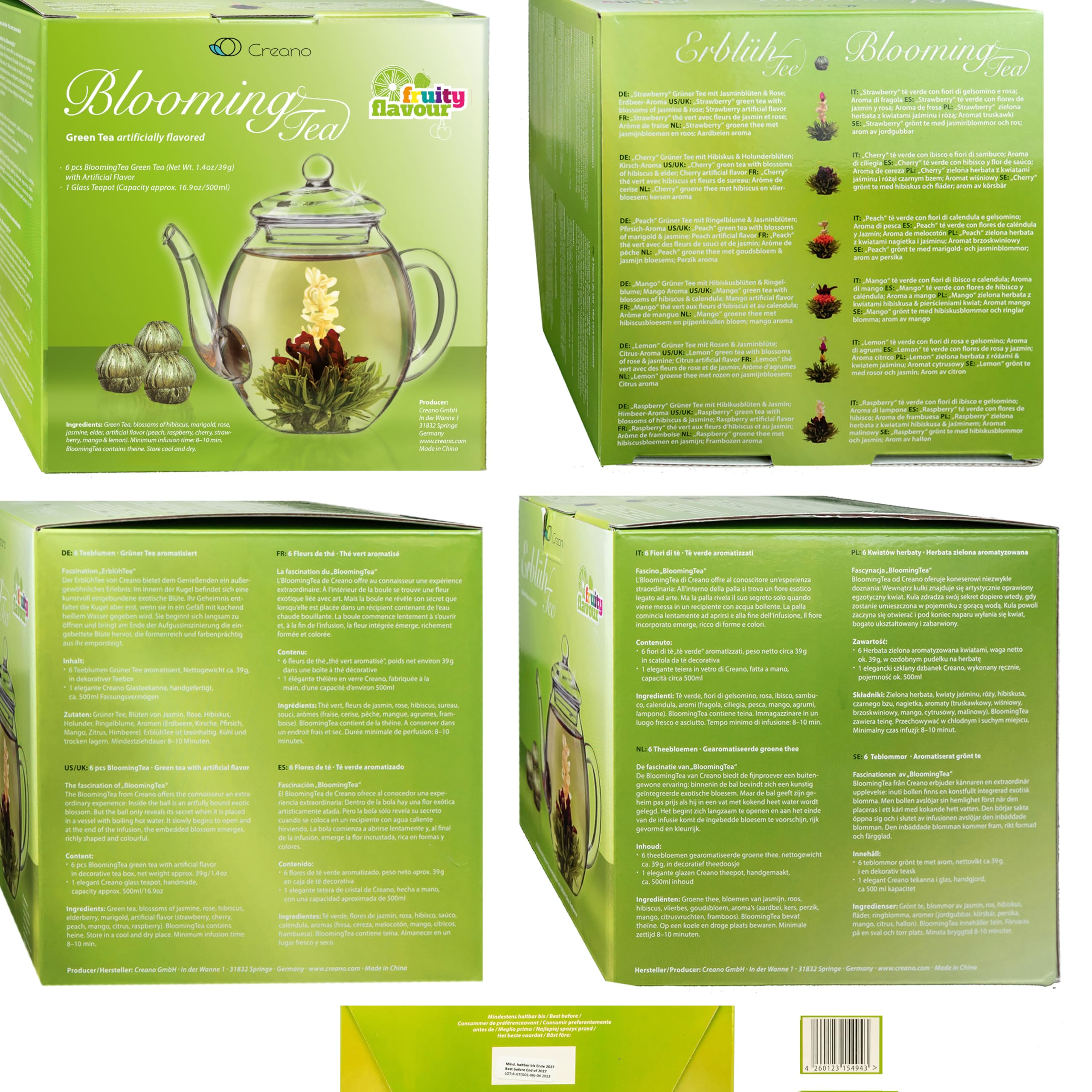 Creano Blooming Tea Gift Set with Glass Teapot 17oz (500ml) - Green Tea Fruity Flavoured Tea Flowers in 6 Varieties - Flowering Tea Gift for Easter