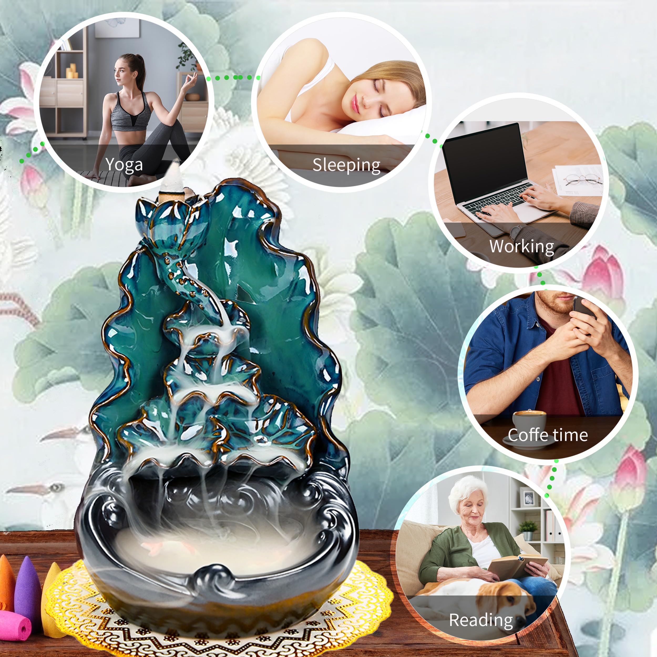 Mountain Waterfall Incense Burner，Backfall Incense Holder River, Incense Falls Meditation Decor for Room with Upgrade Incense Cones and Accessories (5in1 Palo Santo)