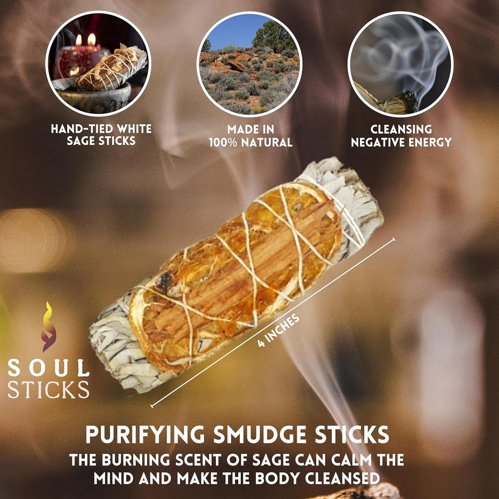 SOUL STICKS 3 Pack White Sage Orange Cinnamon Sage Smudge Sticks for Money Cleansing House, Abundance, Money, Negative Energy Cleanse, and Smudging with Starter Guide | 4 Inch Bundles