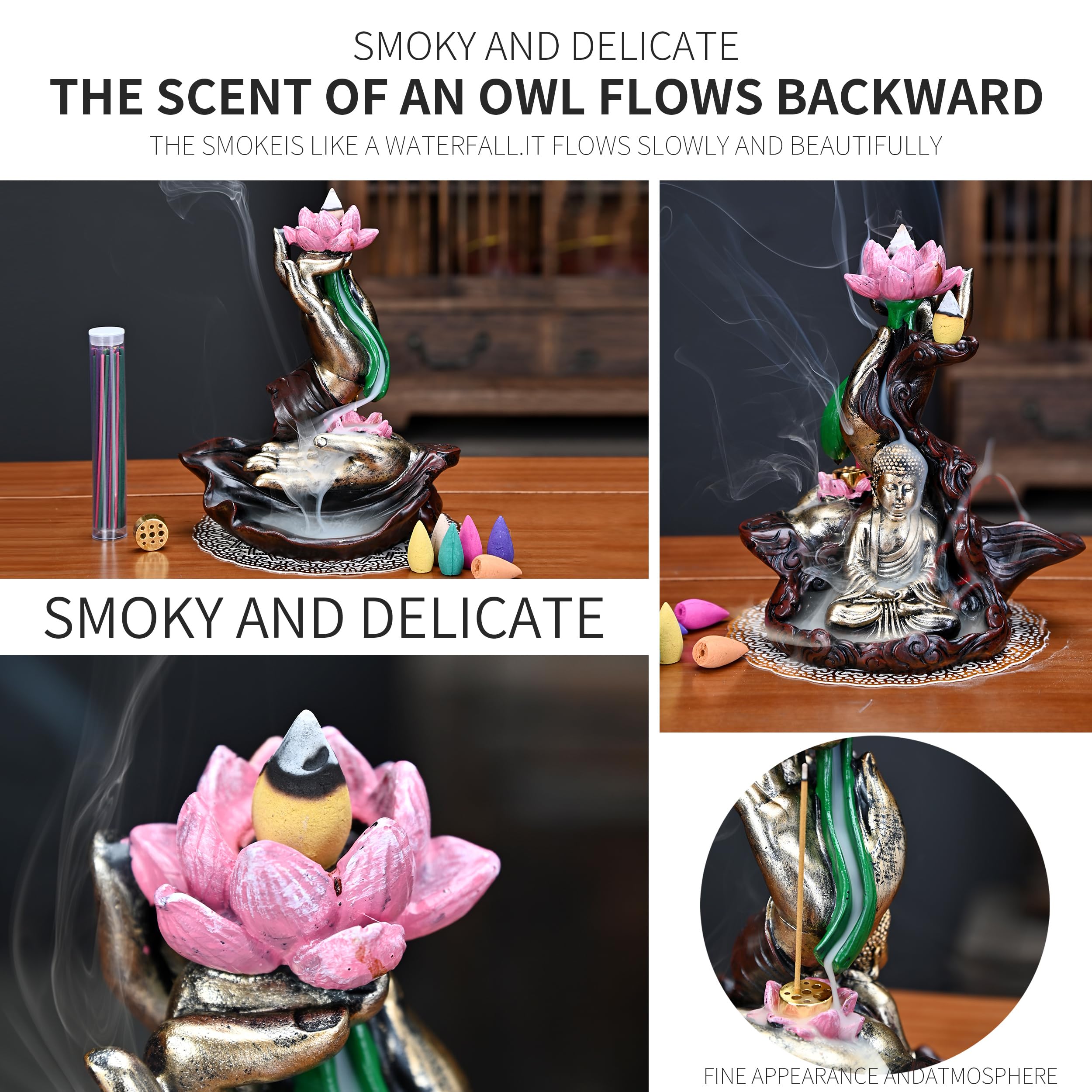 Mountain Waterfall Incense Burner，Backfall Incense Holder River, Incense Falls Meditation Decor for Room with Upgrade Incense Cones and Accessories (5in1 Palo Santo)