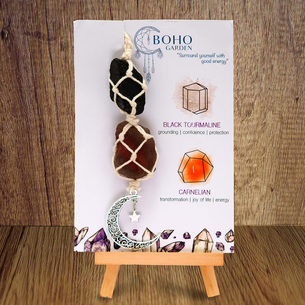 BOHO GARDEN Crystal Hanging Car Charm - Purple Rear View Mirror Hanging Car Accessories for Women, Moon Decor Hanging Ornament, Witchy Gifts and Healing Stones - Rose Quartz & Amethyst