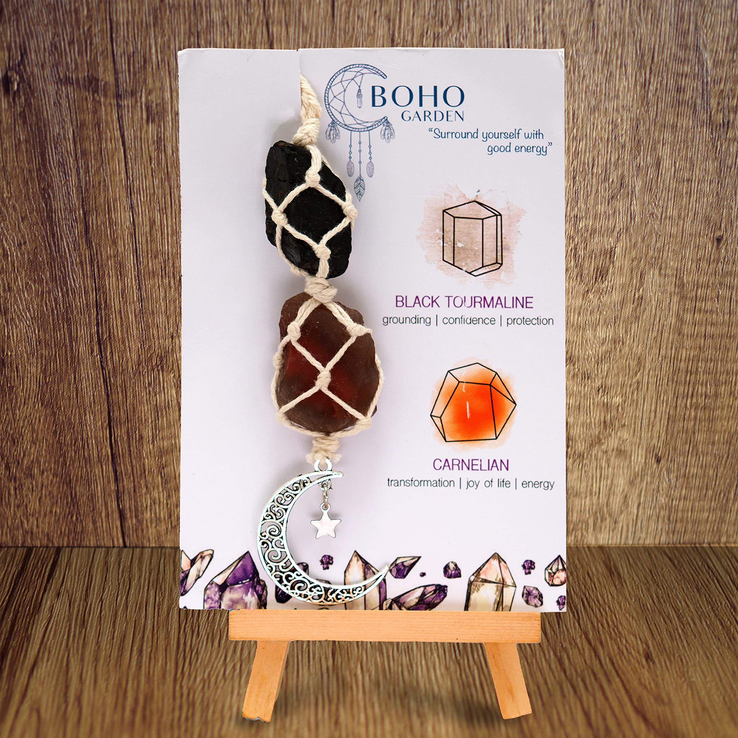 BOHO GARDEN Crystal Hanging Car Charm - Purple Rear View Mirror Hanging Car Accessories for Women, Moon Decor Hanging Ornament, Witchy Gifts and Healing Stones - Rose Quartz & Amethyst