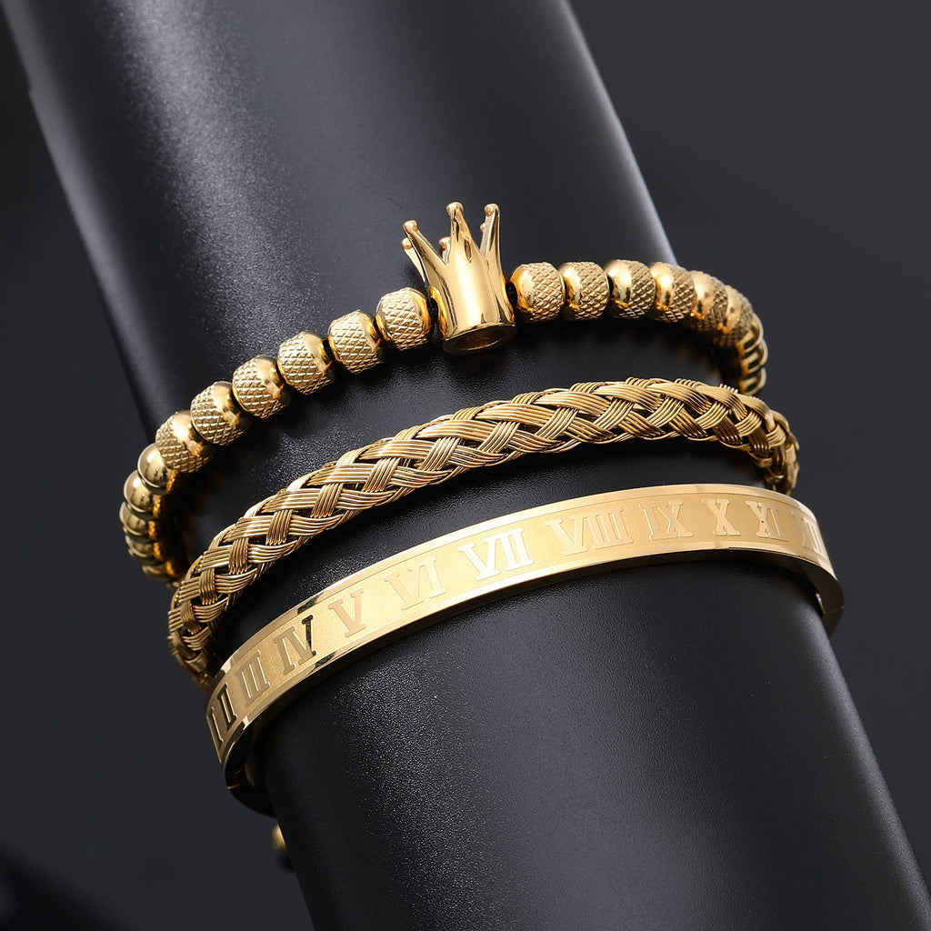 WFYOU 3PCS Stainless Steel Bracelets for Men Gold Roman Numeral Bangle Bracelet Twisted Cable Bracelet Adjustable Cuff Bracelet Mens Luxury Jewelry Bracelets Gifts
