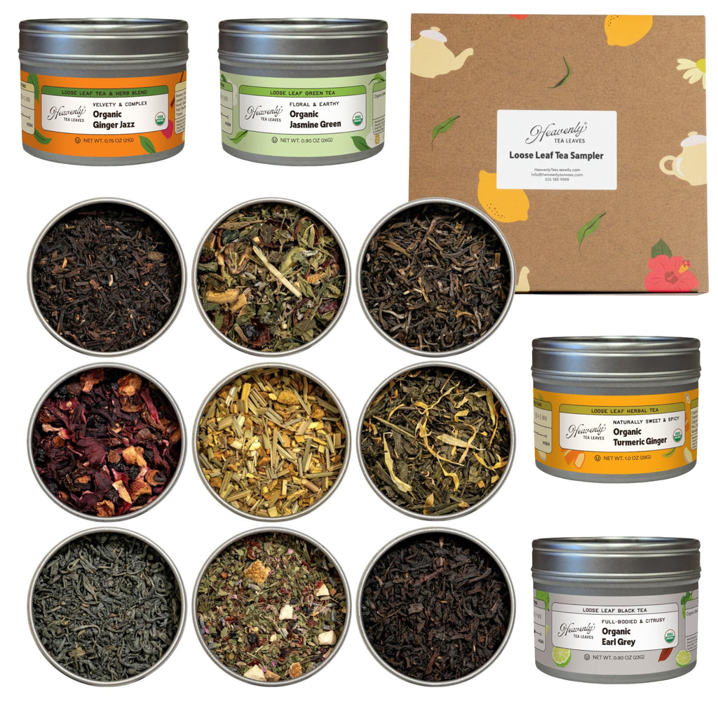 Heavenly Tea Leaves Organic 9 Flavor Variety Pack, Loose Leaf Tea Sampler Gift Set (Approx. 90 Cups) | Assorted Green Black White Herbal Teas, Premium Whole Leaf Collection, Gourmet Box for Tea Lovers | Sampler, Great Iced or Hot, High to No Caffeine