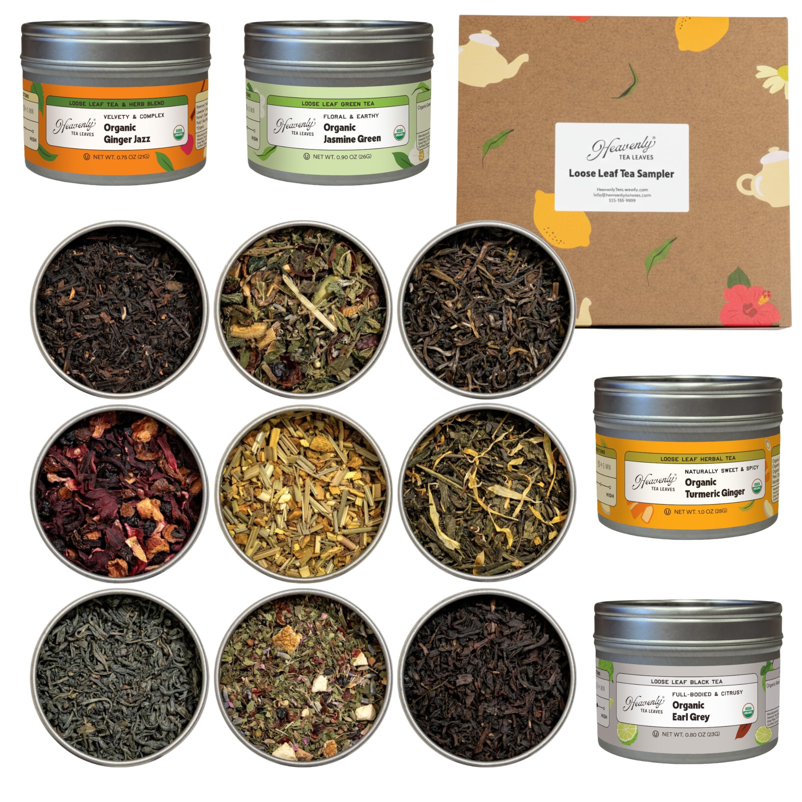 Heavenly Tea Leaves Organic 9 Flavor Variety Pack, Loose Leaf Tea Sampler Gift Set (Approx. 90 Cups) | Assorted Green Black White Herbal Teas, Premium Whole Leaf Collection, Gourmet Box for Tea Lovers | Sampler, Great Iced or Hot, High to No Caffeine