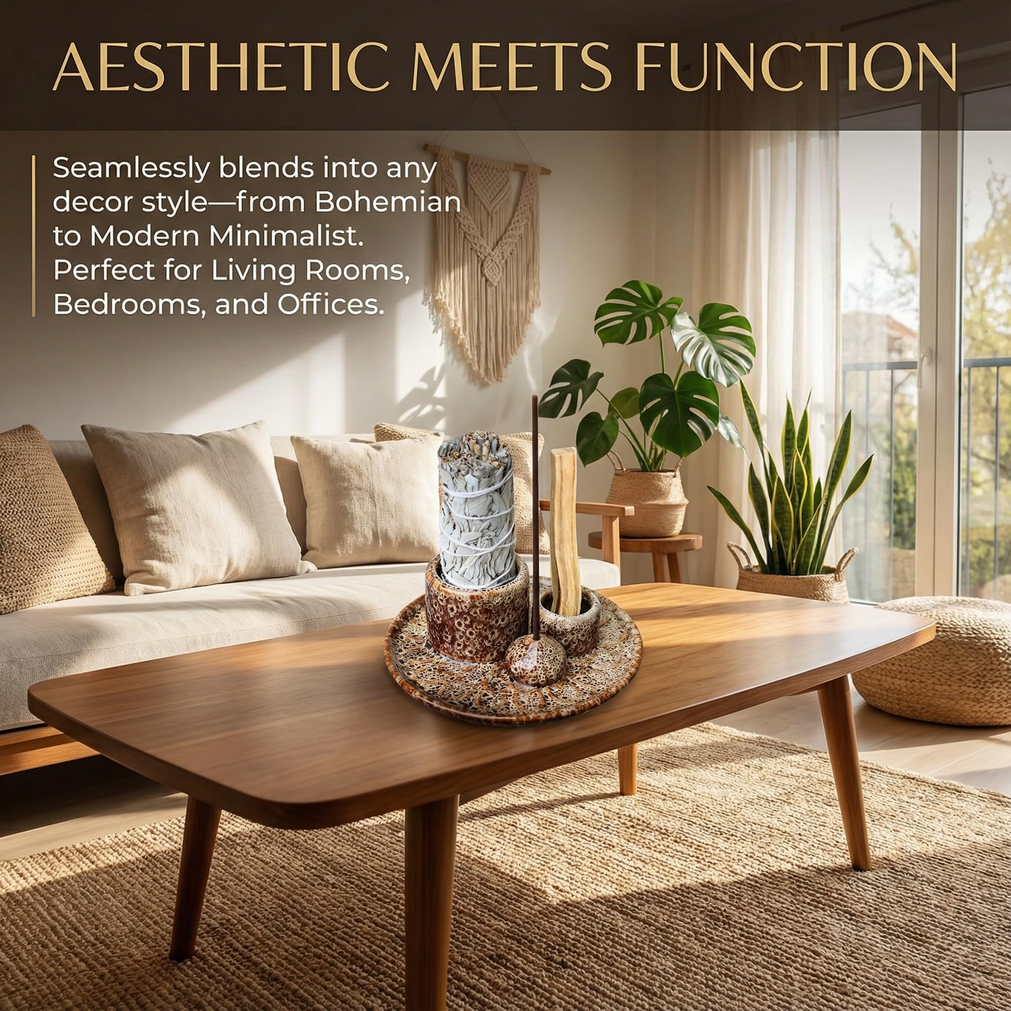 Handmade Ceramic Incense Burner for Palo Santo Incense Sticks, 4 in 1 Multi-Purpose Sage Holder for Burning, Ash Catcher Tray for Meditation Yoga Room (Golden)